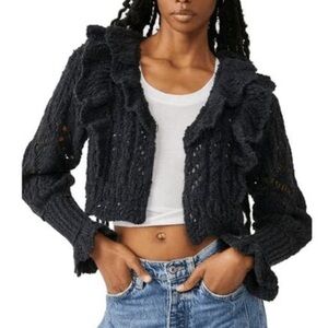 Free People Sweater Avery Cardigan Crop Black Knit Ruffle Shrug Wool Size Small‎
